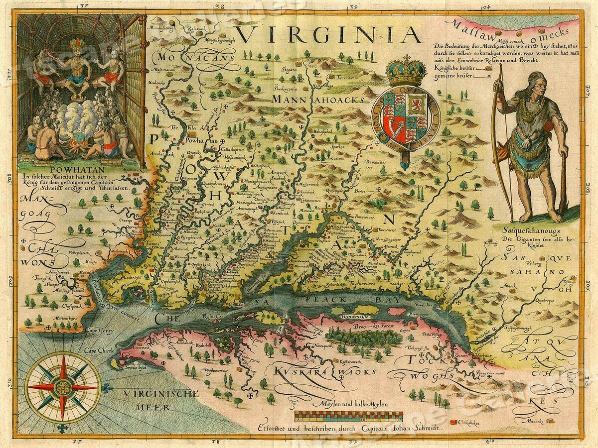 Jamestown, Virginia Map by John Smith 1627